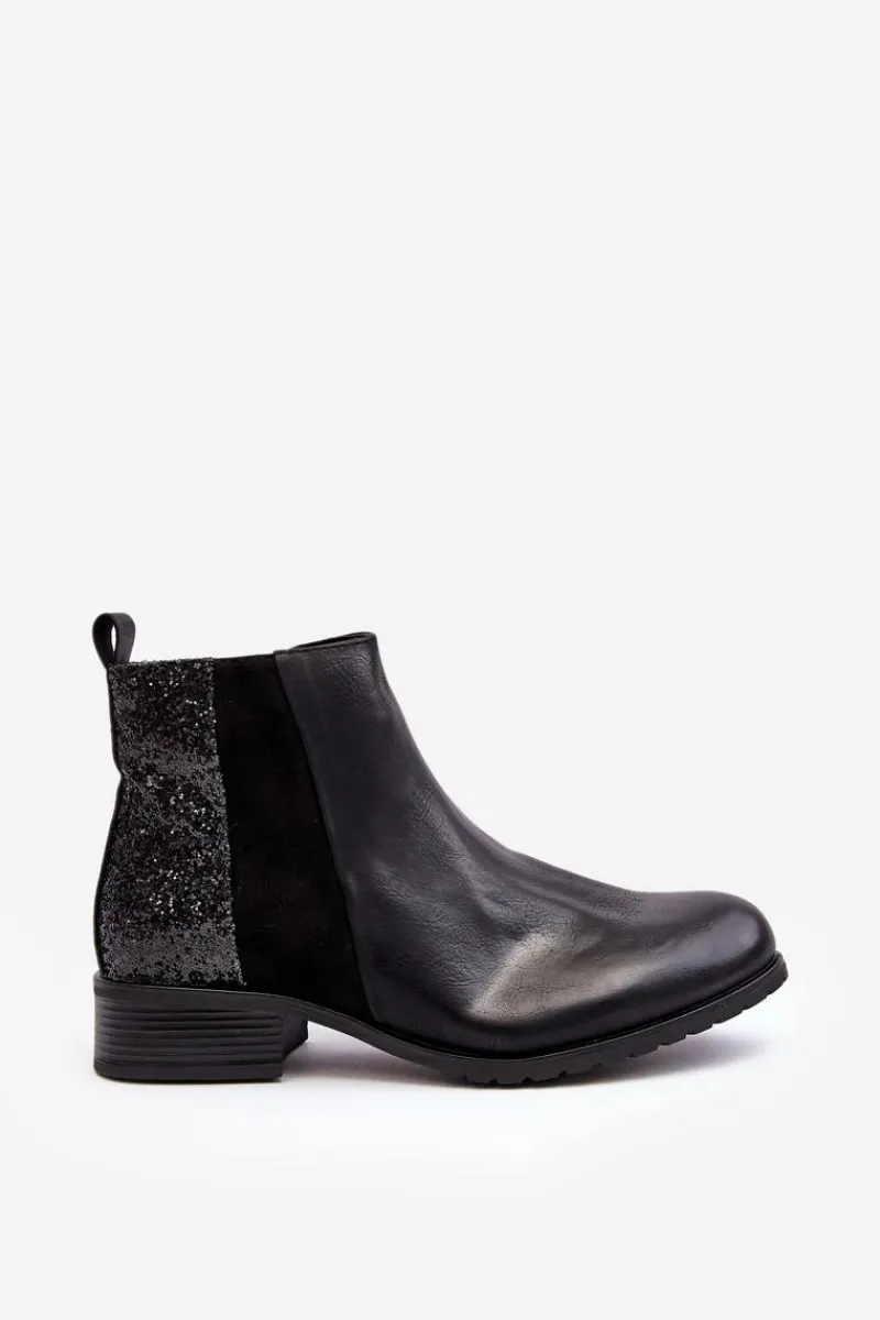 Damskie Sztyblety Botki Na Płaskim Obcasie Z Cekinami Czarne Messio Damskie Botki Wiosenne|Botki Ocieplane