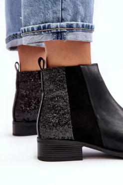 Damskie Sztyblety Botki Na Płaskim Obcasie Z Cekinami Czarne Messio Damskie Botki Wiosenne|Botki Ocieplane