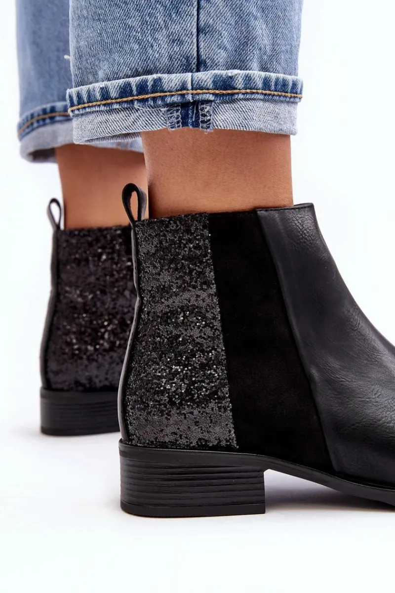 Damskie Sztyblety Botki Na Płaskim Obcasie Z Cekinami Czarne Messio Damskie Botki Wiosenne|Botki Ocieplane