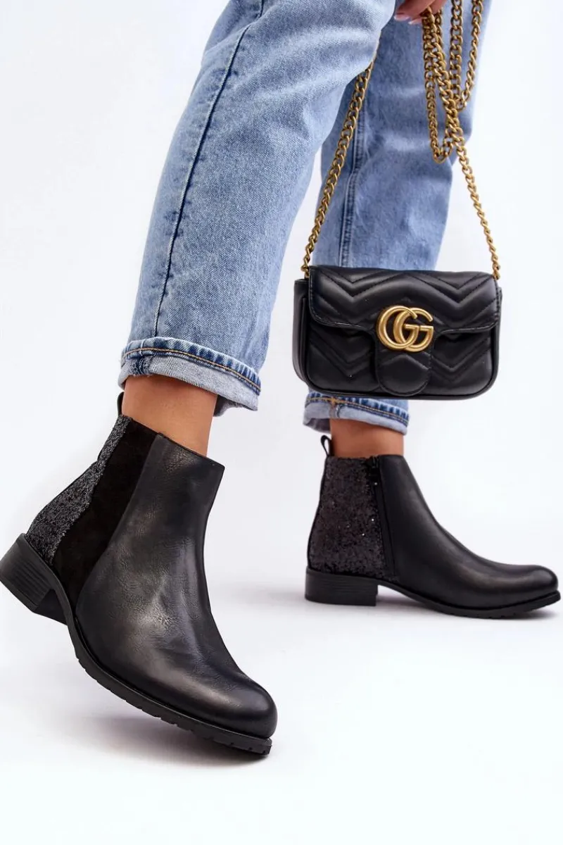 Damskie Sztyblety Botki Na Płaskim Obcasie Z Cekinami Czarne Messio Damskie Botki Wiosenne|Botki Ocieplane