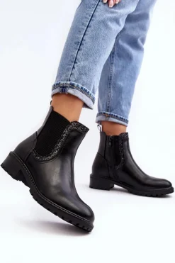 Clearance Boto Damskie Sztyblety Z Niską Cholewką Na Płaskim Obcasie Czarne Kassona