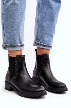 Clearance Boto Damskie Sztyblety Z Niską Cholewką Na Płaskim Obcasie Czarne Kassona