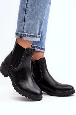 Clearance Boto Damskie Sztyblety Z Niską Cholewką Na Płaskim Obcasie Czarne Kassona