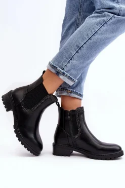 Clearance Boto Damskie Sztyblety Z Niską Cholewką Na Płaskim Obcasie Czarne Kassona