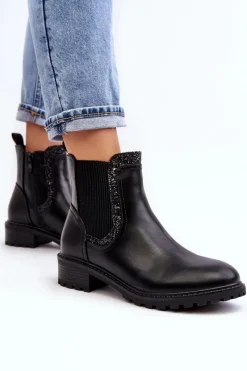 Clearance Boto Damskie Sztyblety Z Niską Cholewką Na Płaskim Obcasie Czarne Kassona