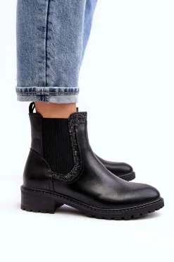 Clearance Boto Damskie Sztyblety Z Niską Cholewką Na Płaskim Obcasie Czarne Kassona