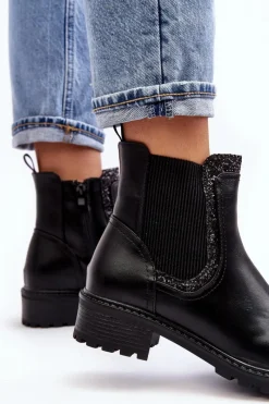 Clearance Boto Damskie Sztyblety Z Niską Cholewką Na Płaskim Obcasie Czarne Kassona