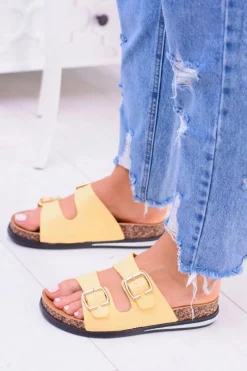 Best Boto Damskie Żółte Klapki Z Klamrami Na Korku Ferone