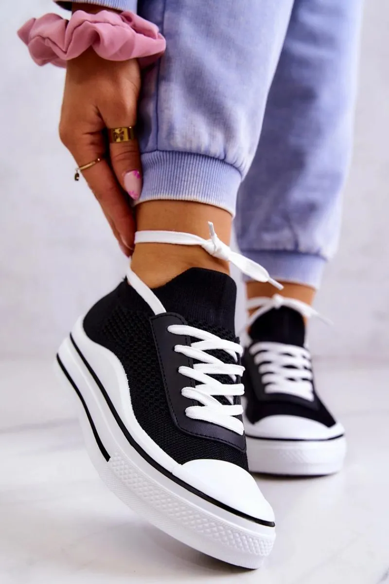 Trampki Damskie Niskie>Damskie buty S.Barski Damskie Tenisówki Skarpetkowe Czarne Soren Czarny