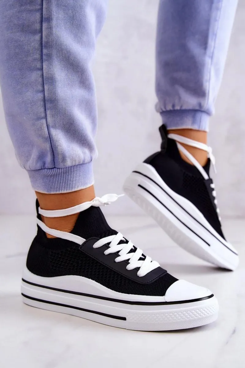 Trampki Damskie Niskie>Damskie buty S.Barski Damskie Tenisówki Skarpetkowe Czarne Soren Czarny