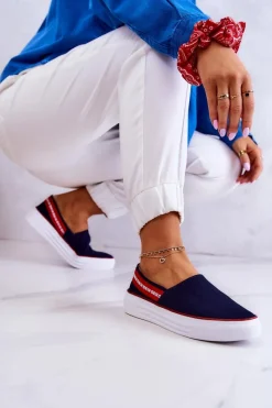 Outlet Damskie Tenisówki Slip On Big Star JJ276009 Granatowo-Czerwone Damskie Trampki Damskie Slip-On|Trampki Damskie Big Star