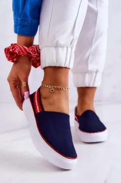 Outlet Damskie Tenisówki Slip On Big Star JJ276009 Granatowo-Czerwone Damskie Trampki Damskie Slip-On|Trampki Damskie Big Star