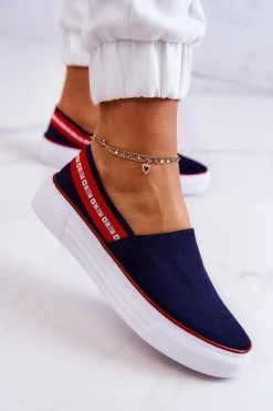 Outlet Damskie Tenisówki Slip On Big Star JJ276009 Granatowo-Czerwone Damskie Trampki Damskie Slip-On|Trampki Damskie Big Star