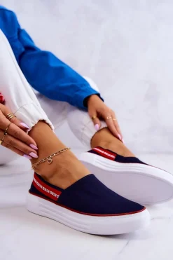 Outlet Damskie Tenisówki Slip On Big Star JJ276009 Granatowo-Czerwone Damskie Trampki Damskie Slip-On|Trampki Damskie Big Star