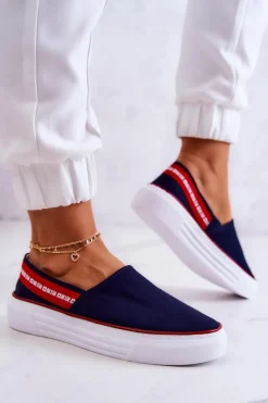 Outlet Damskie Tenisówki Slip On Big Star JJ276009 Granatowo-Czerwone Damskie Trampki Damskie Slip-On|Trampki Damskie Big Star
