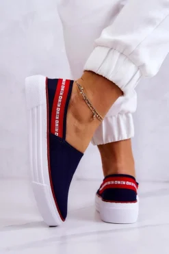 Outlet Damskie Tenisówki Slip On Big Star JJ276009 Granatowo-Czerwone Damskie Trampki Damskie Slip-On|Trampki Damskie Big Star