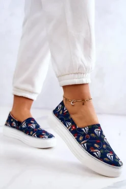 Online Big Star Shoes Damskie Tenisówki Slip On Memory Foam Big Star JJ276016 Granatowe