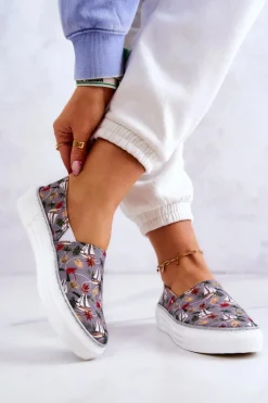 Trampki Damskie Slip-On></noscript>Big Star Shoes Damskie Tenisówki Slip On Memory Foam Big Star JJ276015 Szare