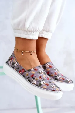 Trampki Damskie Slip-On></noscript>Big Star Shoes Damskie Tenisówki Slip On Memory Foam Big Star JJ276015 Szare