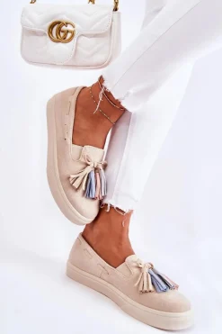 Sale Damskie Tenisówki Trampki Slip-On Beżowe Venira Damskie Trampki Damskie Slip-On