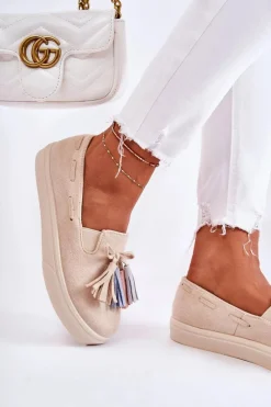 Sale Damskie Tenisówki Trampki Slip-On Beżowe Venira Damskie Trampki Damskie Slip-On