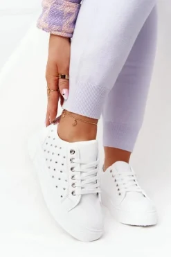 Trampki Damskie Niskie></noscript>Boto Damskie Tenisówki Z Pikowaniem Biało-Srebrne Fondness