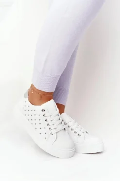 Trampki Damskie Niskie></noscript>Boto Damskie Tenisówki Z Pikowaniem Biało-Srebrne Fondness