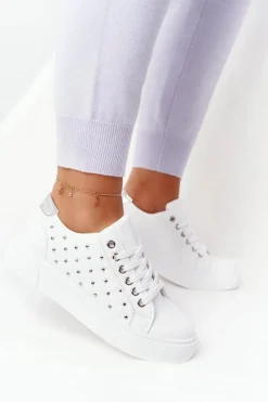 Trampki Damskie Niskie></noscript>Boto Damskie Tenisówki Z Pikowaniem Biało-Srebrne Fondness