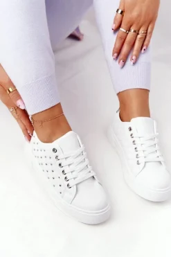 Trampki Damskie Niskie></noscript>Boto Damskie Tenisówki Z Pikowaniem Biało-Srebrne Fondness