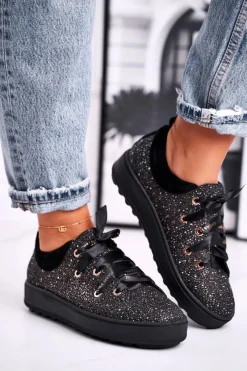 Hot Laura Messi Damskie Trampki Eleganckie Skórzane Czarne 2045