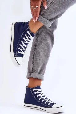 Outlet Damskie Trampki Klasyczne Wysokie Granatowe Remos Damskie Trampki Damskie Wysokie