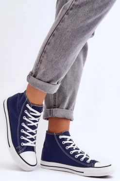 Outlet Damskie Trampki Klasyczne Wysokie Granatowe Remos Damskie Trampki Damskie Wysokie