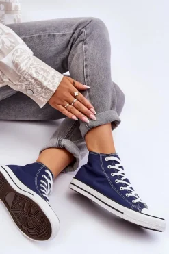 Outlet Damskie Trampki Klasyczne Wysokie Granatowe Remos Damskie Trampki Damskie Wysokie