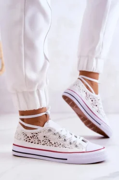 New Boto Damskie Trampki Koronkowe Białe Venture Biały