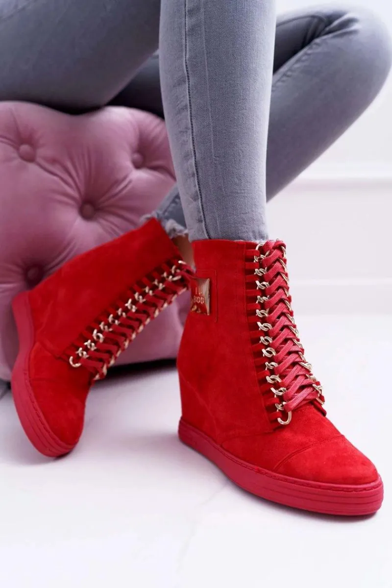 Trampki Damskie Wysokie>Boto Damskie Trampki Lu Boo Z Łańcuchami Zamszowe Czerwone Monica
