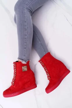 Trampki Damskie Wysokie>Boto Damskie Trampki Lu Boo Z Łańcuchami Zamszowe Czerwone Monica