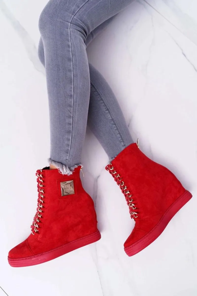 Trampki Damskie Wysokie>Boto Damskie Trampki Lu Boo Z Łańcuchami Zamszowe Czerwone Monica