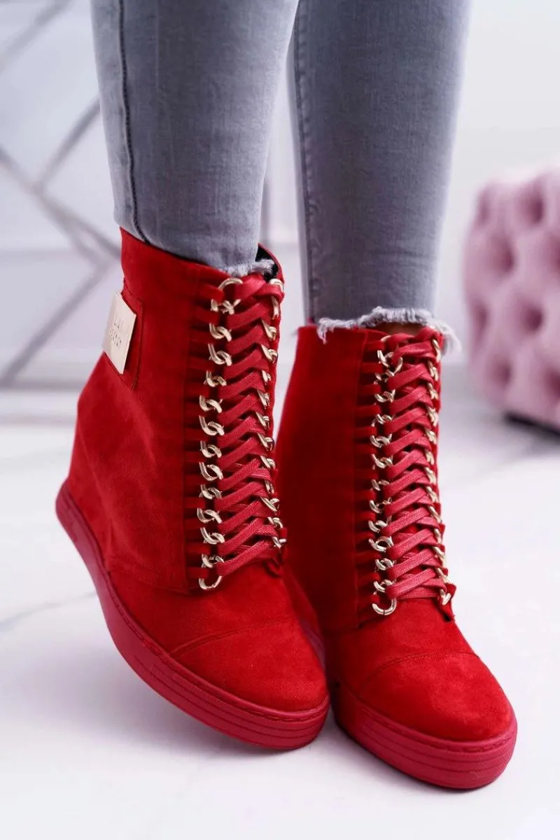 Trampki Damskie Wysokie>Boto Damskie Trampki Lu Boo Z Łańcuchami Zamszowe Czerwone Monica