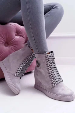 Clearance Damskie Trampki Lu Boo Z Łańcuchami Zamszowe Szare Monica Damskie Trampki Damskie Wysokie
