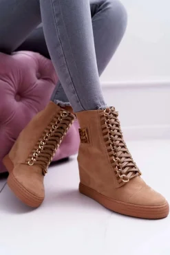 Damskie Trampki Lu Boo Złoty Łańcuch Zamsz Camel Monica Damskie Trampki Damskie Wysokie