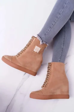 Damskie Trampki Lu Boo Złoty Łańcuch Zamsz Camel Monica Damskie Trampki Damskie Wysokie