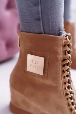 Damskie Trampki Lu Boo Złoty Łańcuch Zamsz Camel Monica Damskie Trampki Damskie Wysokie