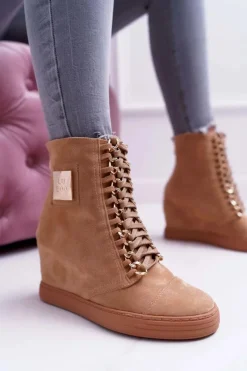 Damskie Trampki Lu Boo Złoty Łańcuch Zamsz Camel Monica Damskie Trampki Damskie Wysokie