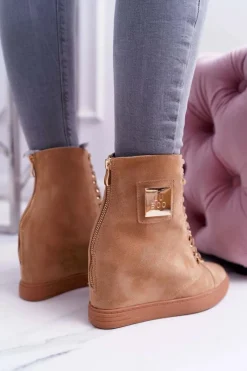 Damskie Trampki Lu Boo Złoty Łańcuch Zamsz Camel Monica Damskie Trampki Damskie Wysokie