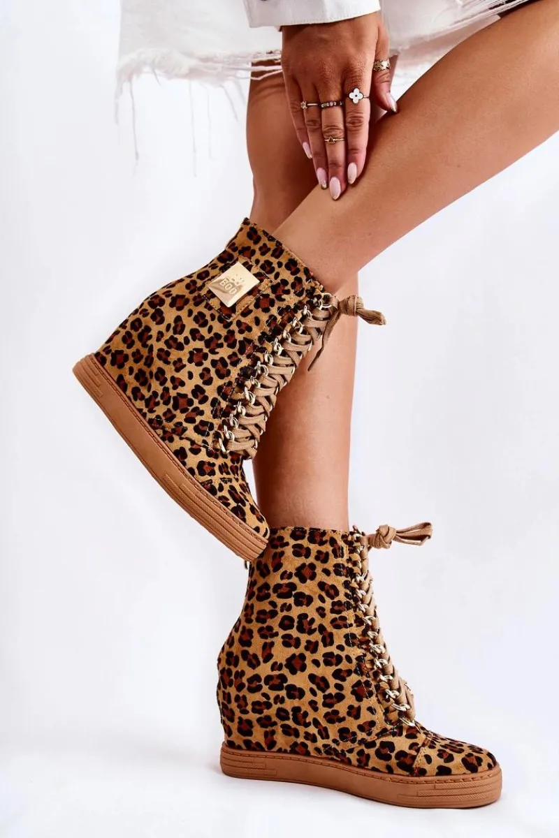 Trampki Damskie Wysokie>Boto Damskie Trampki Lu Boo Złoty Łańcuch Zamsz Leopard Monica