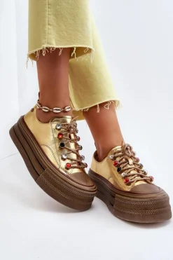 GOE Damskie Trampki Na Platformie NN2N4055 Złote Złoty