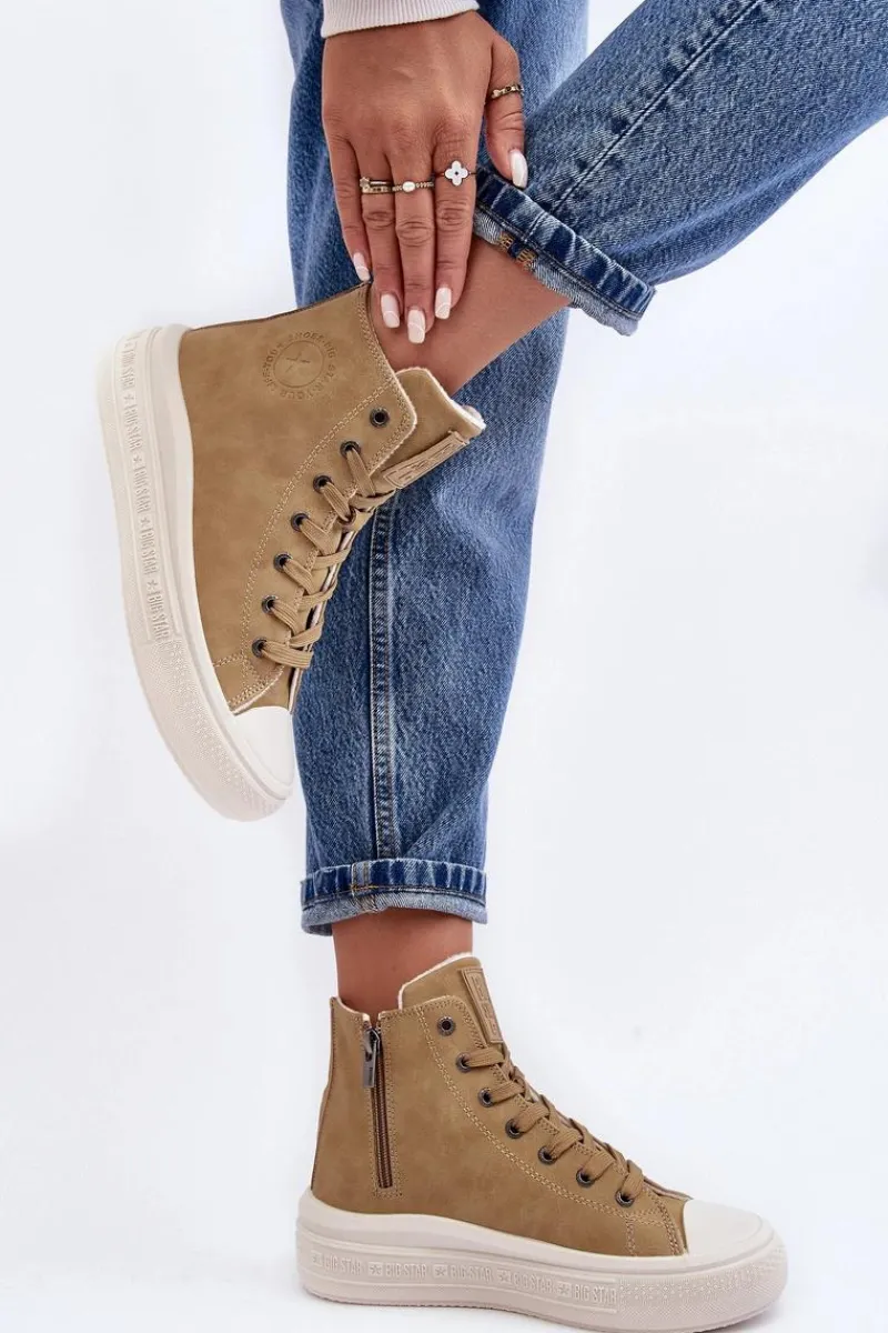 Trampki Damskie Big Star|Trampki Damskie Wysokie>Big Star Shoes Damskie Trampki Na Suwak Ocieplane Camel Big Star MM274026