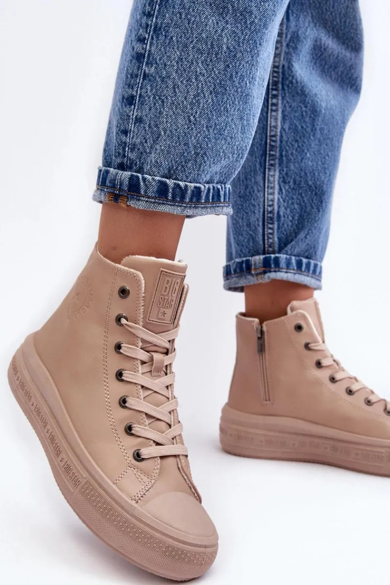 Outlet Damskie Trampki Na Suwak Ocieplane Beżowe Big Star MM274022 Damskie Trampki Damskie Big Star|Trampki Damskie Wysokie