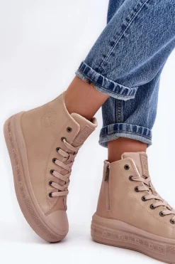 Outlet Damskie Trampki Na Suwak Ocieplane Beżowe Big Star MM274022 Damskie Trampki Damskie Big Star|Trampki Damskie Wysokie