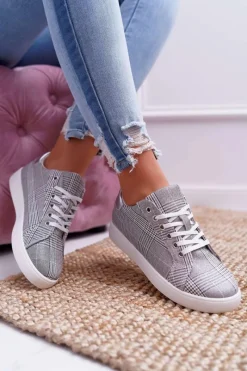 New Damskie Trampki W Kratkę Brokat Szare Bellisa Damskie Trampki Damskie Niskie